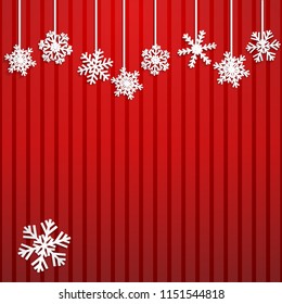 Christmas illustration with white hanging snowflakes on striped red background