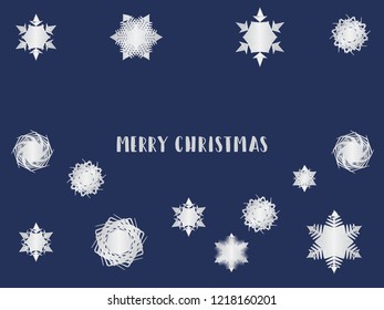 Christmas illustration with white paper snowflakes on navy background. Merry Christmas template with lettering and cute doodle snowballs. Original Christmas greeting card vector illustration