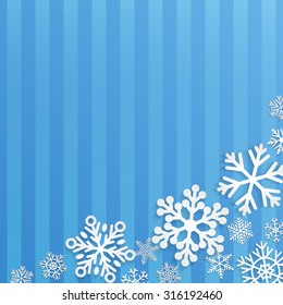 Christmas illustration with white snowflakes on blue striped background