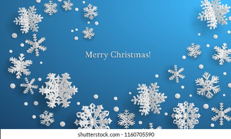 Christmas Illustration With White Three-dimensional Paper Snowflakes On Light Blue Background