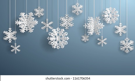 Christmas Illustration With White Three-dimensional Paper Snowflakes Hanging On Gray Background