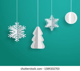 Christmas illustration with white three-dimensional paper snowflakes and christmas tree.