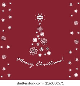Christmas illustration with white christmas tree from handwritten calligraphy and snowflakes isolated on red background. Design template for greeting card, invitation, flyer, poster