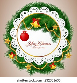 Christmas illustration width ornaments an pine tree branches an a lace.