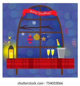 Christmas illustration with window, champagne bottle and glasses on the table