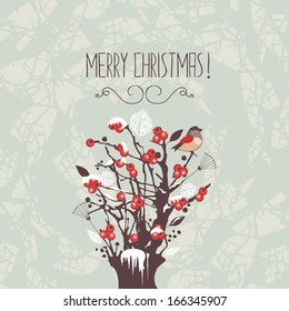Christmas illustration with winter berries shrub and bird