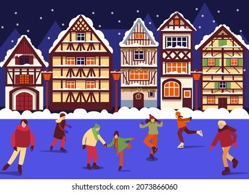 Christmas illustration with a winter European city and people skating on a skating rink. Christmas background with snowy cityscape with cute houses.  horizontal web banner in a flat cartoon style