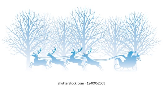 Christmas illustration with winter forest, reindeers, and Santa Claus. Vector illustration.