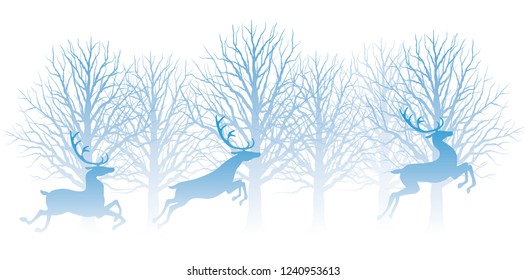 Christmas illustration with winter forest and reindeers. Vector illustration.