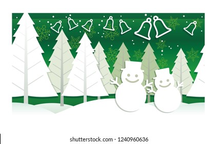 Christmas illustration with winter forest, snowmen, and bells. Vector illustration.