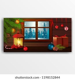 Christmas illustration. Winter forest in the window from home
