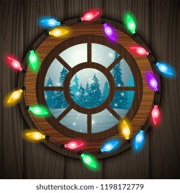 Christmas illustration. Winter forest in the window from home