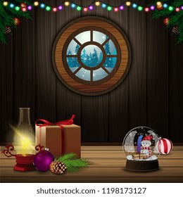 Christmas illustration. Winter forest in the window from home