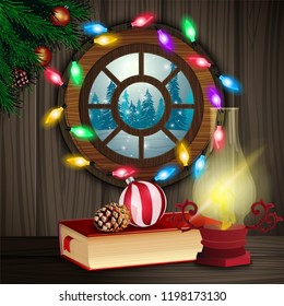 Christmas illustration. Winter forest in the window from home