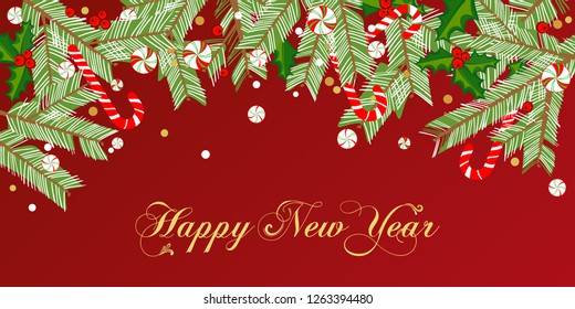 Christmas illustration, winter holiday background.  New Year ornament, ribbon. Christmas tree frame, garland. Border for party banner, poster, header