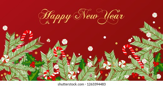 Christmas illustration, winter holiday background.  New Year ornament, ribbon. Christmas tree frame, garland. Border for party banner, poster, header