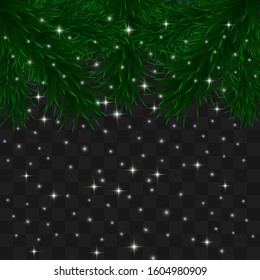 Christmas illustration, winter holiday background. Gold New Year ornament. Christmas tree frame, garland. Border for party banner, poster, header