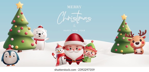 Ilustración navideña paisaje de invierno adorables personajes 3D. Santa, reno, elfo, pingüino, oso polar, muñeco de nieve, árbol de Navidad. Perfecto para saludos y decoraciones de vacaciones. No se genera IA.