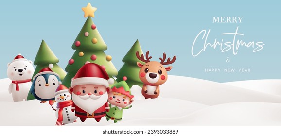 Christmas illustration winter landscape cute 3D characters. Santa, reindeer, elf, penguin, polar bear, and a snowman, Christmas tree. Perfect for holiday greetings and decorations. Not AI generated.