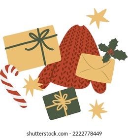 Christmas illustration, Winter scene clipart, composition with letter, gift, stars, sweater, lollipop, mistletoe in vector flat style, Printable christmas card