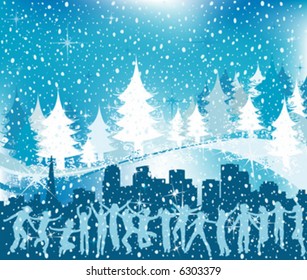 Christmas illustration; winter scene with silhouettes having fun