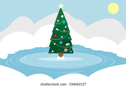 Christmas illustration winter skating rink outdoors with a festive Christmas tree and toys in the center surrounded by snow and drifts