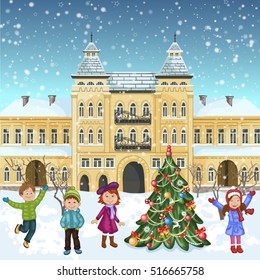 Christmas illustration with winter town and happy children