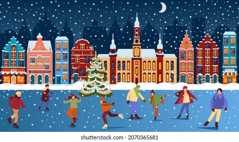 Christmas illustration with winter town and people  skating on skating rink. Xmas background with snowy city landscape on snowy weather with snowfall. horizontal web banner in a flat cartoon style