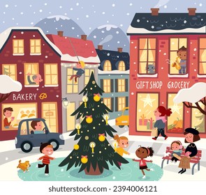 Christmas illustration with winter town and people with kids skating on skating rink. Winter background with snowy city. Festive square with people.