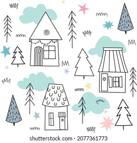 Christmas illustration with a winter village. Cute houses,Christmas trees, stars and a pastel ton. 