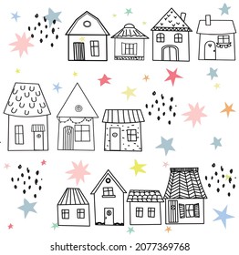 Christmas illustration with a winter village. Cute houses,, stars and a pastel ton. 