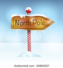 A Christmas illustration of a wooden sign in snow pointing to the North Pole. Vector EPS 10 available. EPS file contains transparencies.