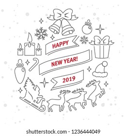 Christmas illustration with the words "Happy New Year!" on a bright ribbon and holiday sms, gifts, sweets, deer, Santa Claus sleigh with gifts. Illustration in the style of a thin line made.