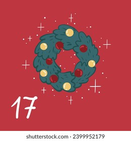 Christmas illustration with wreath, lights and numbers for advent calendar