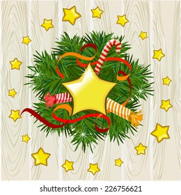 Christmas illustration with a wreath on a wooden background. vector illustration