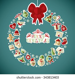 Christmas illustration of wreath with stickers. Vector set of icons.