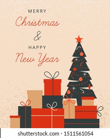 Christmas illustration with xmas decorated tree and stack of gift boxes. Vector festive concept for Merry Christmas and Happy new year