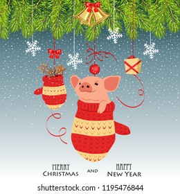Christmas illustration for the year of the pig. pig in a mitten and Christmas decorations