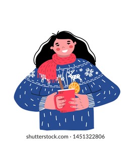 Christmas illustration young girl hold hot drinks in hands. Cute cartoon female character in scarf and mug. Happy holiday poster. Vector illustration.