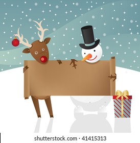 Christmas illustration.Reindeer and snowman holdind banner