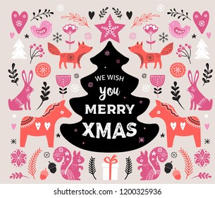 Christmas illustrations, banner design hand drawn elements in Scandinavian style