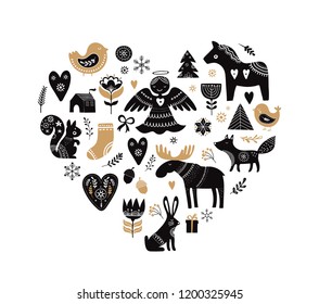 Christmas illustrations, banner design hand drawn elements in Scandinavian style