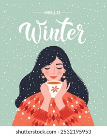 Christmas illustrations with a beautiful girl wearing red ornamert sweater under the snowfall and woman with mug of hot cocao or сhristmas tea. New Year card with text hello Winter