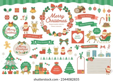 Ilustraciones y decoraciones navideñas. Esta colección incluye marcos, iconos, Santa Claus, ornamento, garabatos, cintas y más.