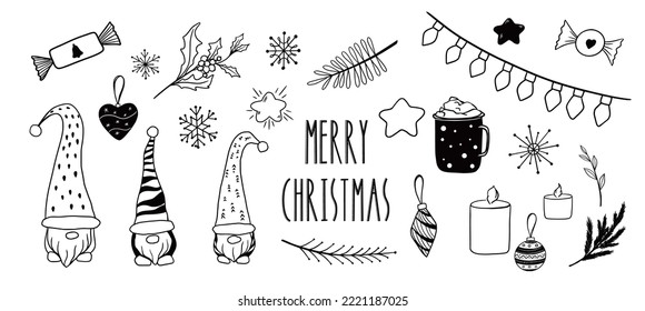 Christmas illustrations doodle set clipart black on white vector lamp garland, gnomes, christmas ball, snowflakes, candy, sweets, cacao mug, coffee, candle, botanical branches, floral elements, star