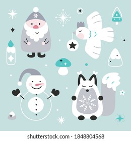 Christmas illustrations, hand drawn elements in Scandinavian style. Vector illustration.