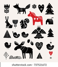 Christmas illustrations, hand drawn elements in Scandinavian style