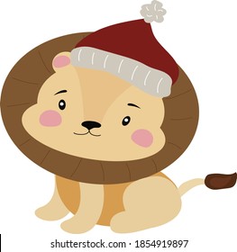 
christmas illustrations lion in santa hat, cute child illustration