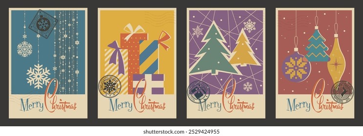 Christmas Illustrations Mid Century Modern XMAS Greeting Cards Style, Merry Christmas Postcards. Snowflakes, Decorations, Garland, Gift Boxes, Spruce Trees. Postal Imprints, Vintage Colors 