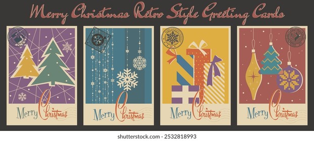 Christmas Illustrations Mid Century Modern XMAS Greeting Cards Style, Merry Christmas Postcards. Snowflakes, Decorations, Garland, Gift Boxes, Spruce Trees. Postal Imprints, Vintage Colors 